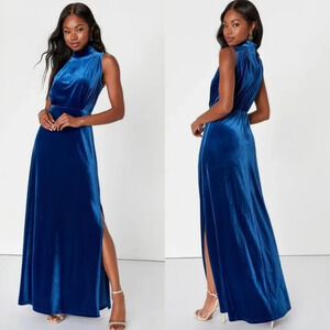 Lulus Classic Elegance Blue Velvet Sleeveless Mock Neck Maxi Dress L Party